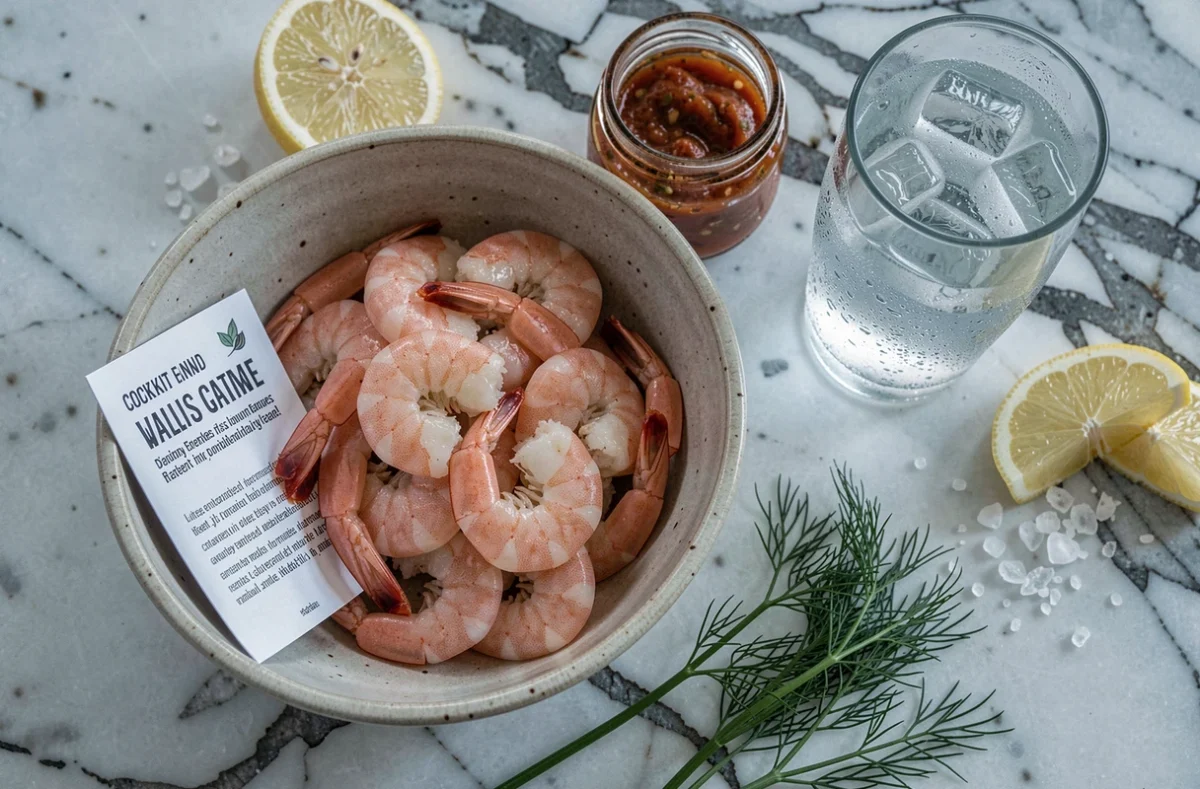 Plateau de crevettes roses cuites et décortiquées sur un comptoir en marbre, idéal pour un apéro sécurisé pendant la grossesse