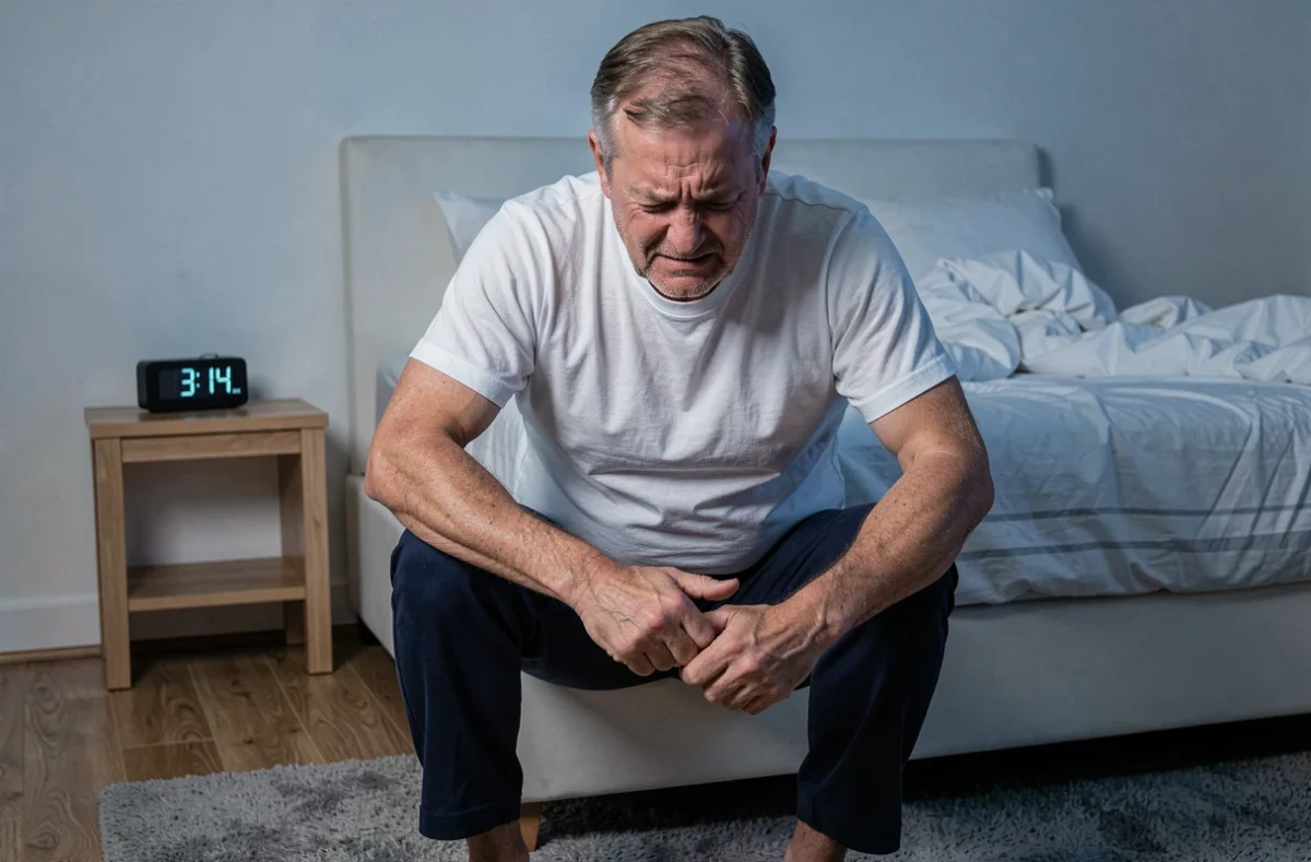 Homme senior assis au bord du lit la nuit, se tenant la hanche et la cuisse en raison d'une douleur de cruralgie