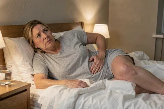 Femme d'âge moyen allongée dans son lit la nuit, la main posée sur la hanche, souffrant de cruralgie nocturne
