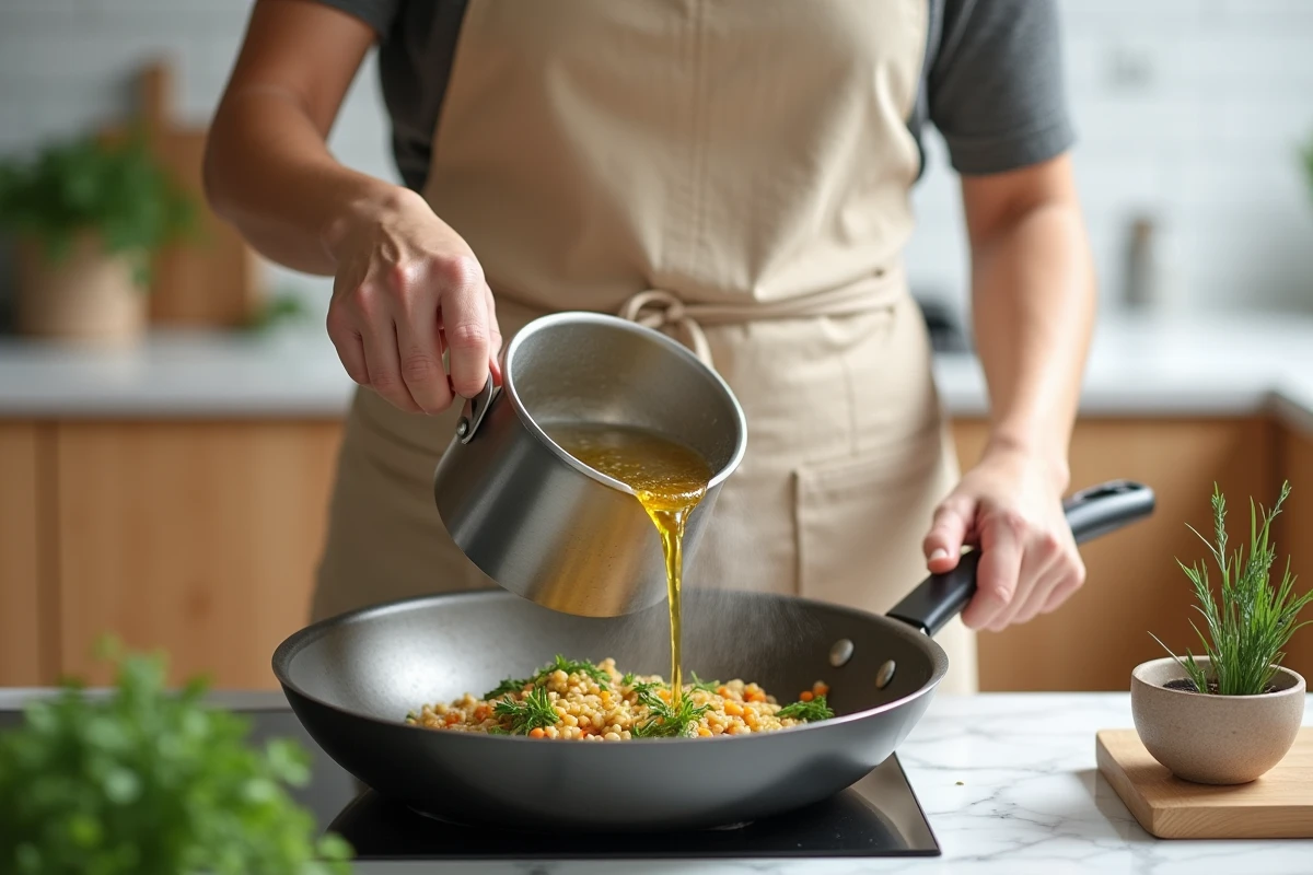 Cuisinière versant une infusion dorée de thym dans une poêle de légumes sautés dans une cuisine moderne, illustrant l'utilisation culinaire de la tisane de thym
