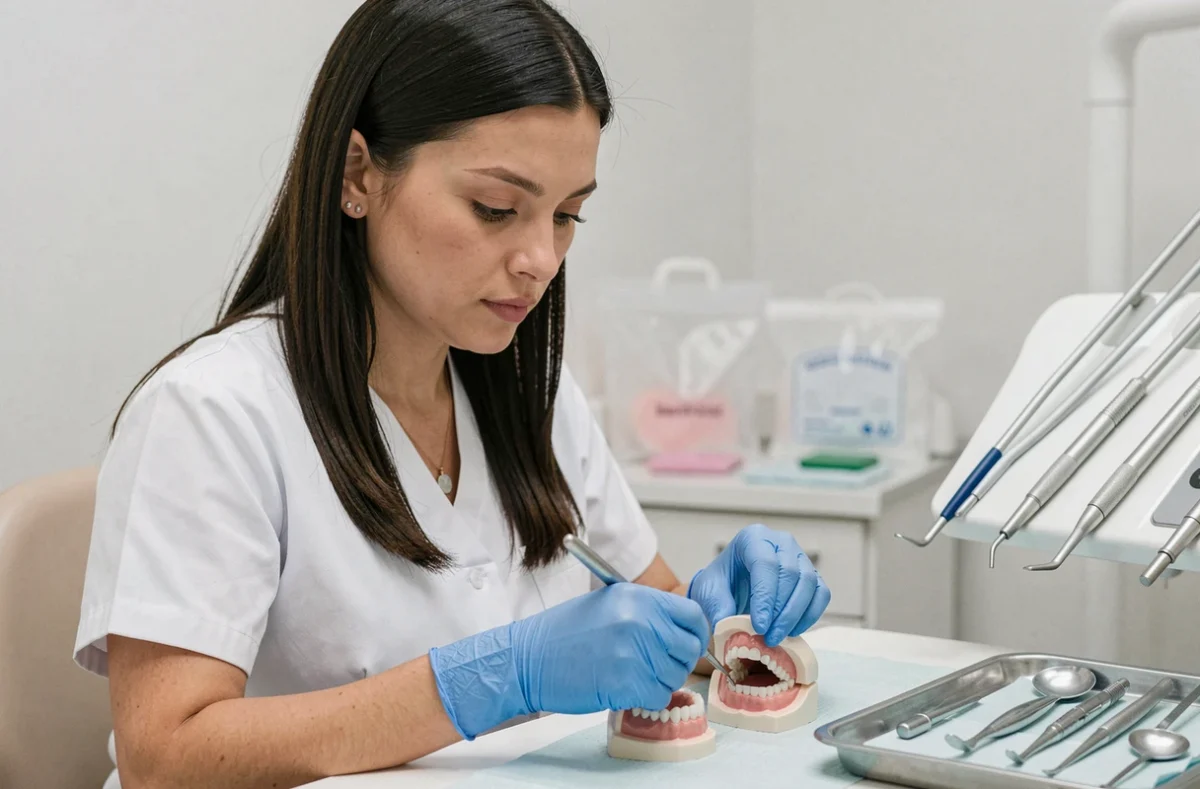 Dentiste Bratosin Irina examinant des moulages dentaires dans son cabinet clinique