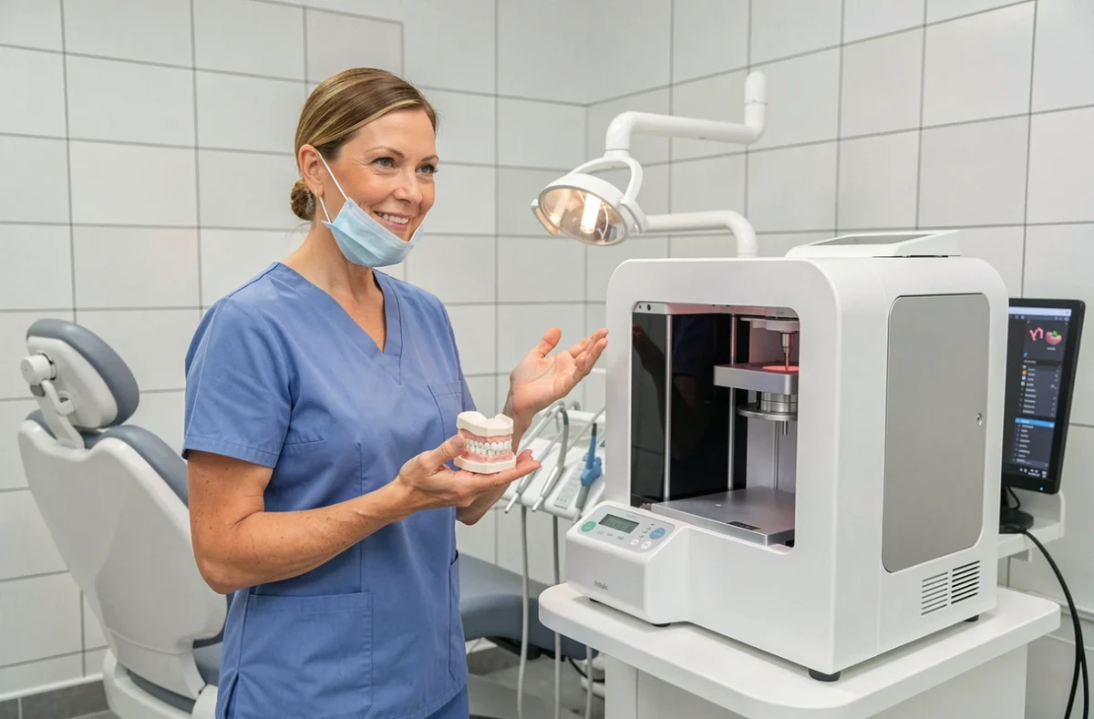 Dentiste présentant un modèle d'étude imprimé en 3D à côté d'une imprimante dentaire professionnelle dans un cabinet dentaire moderne