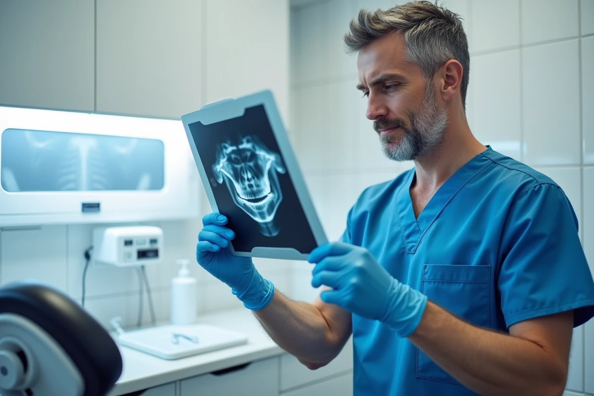 Dentiste examinant une radiographie de mâchoire adulte montrant des dents de sagesse incluses