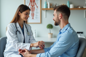 Dermatologue femme examinant le bras d'un patient jeune
