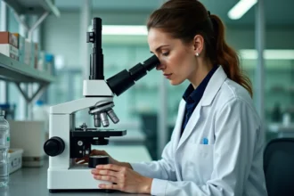 Dermatologue pathologiste femme examinant une lame histologique au microscope dans un laboratoire hospitalier moderne