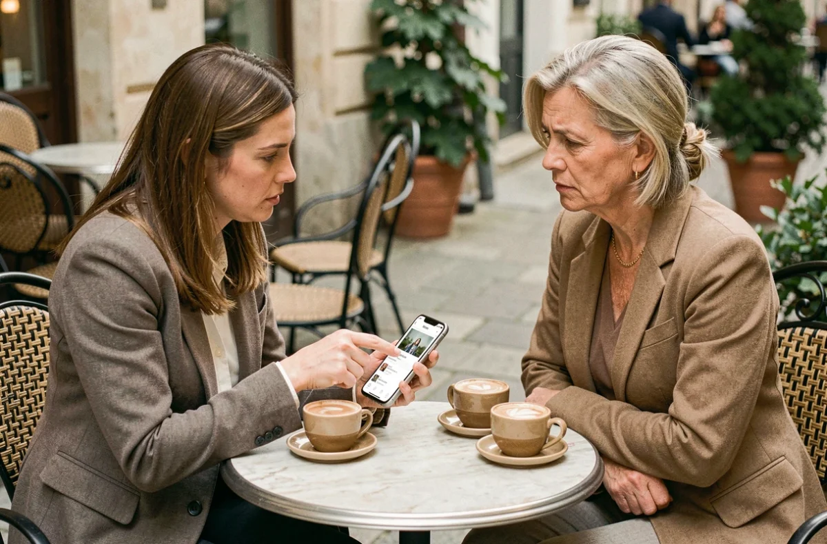 Deux femmes discutant d'avis clients sur un smartphone en terrasse de café, illustrant l'importance de recouper les témoignages sur des compléments comme Nuclever Cortisol