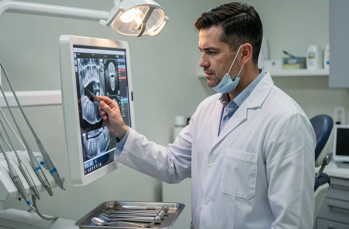Chirurgien-dentiste Docteur Stéphane Boukhari examinant des radiographies dentaires dans son cabinet