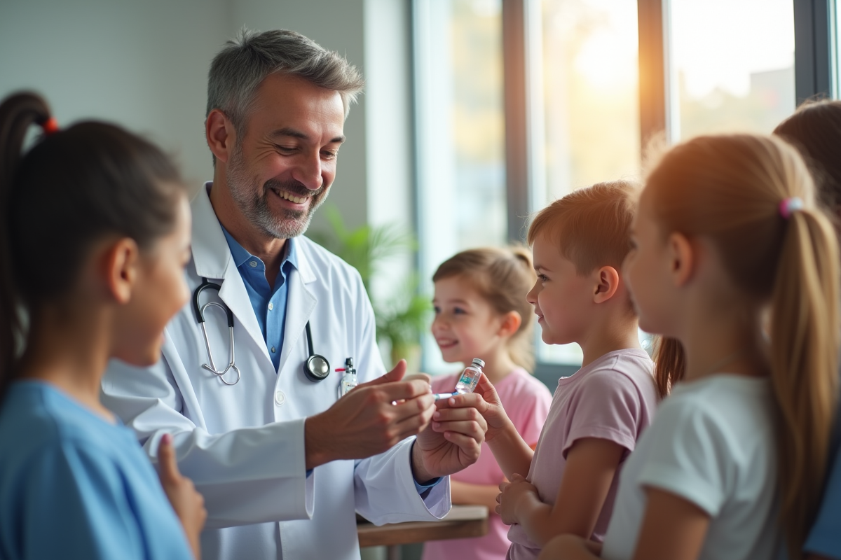Médecin souriant montrant un vaccin à des enfants en clinique