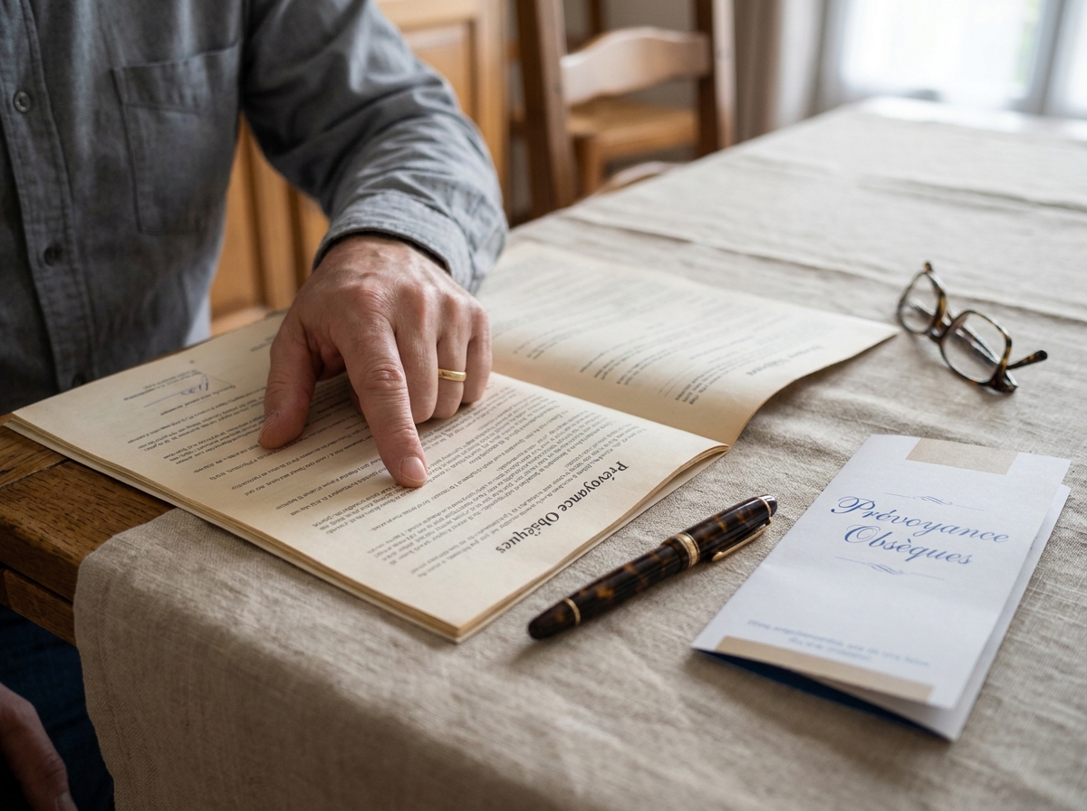 Document de contrat de prévoyance obsèques avec des détails de frais de crémation sur une table