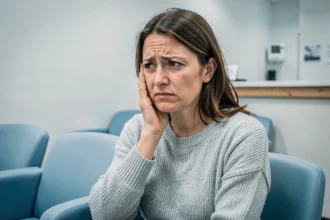 Femme tenant sa joue avec une expression de douleur dentaire dans une salle d'attente de cabinet dentaire