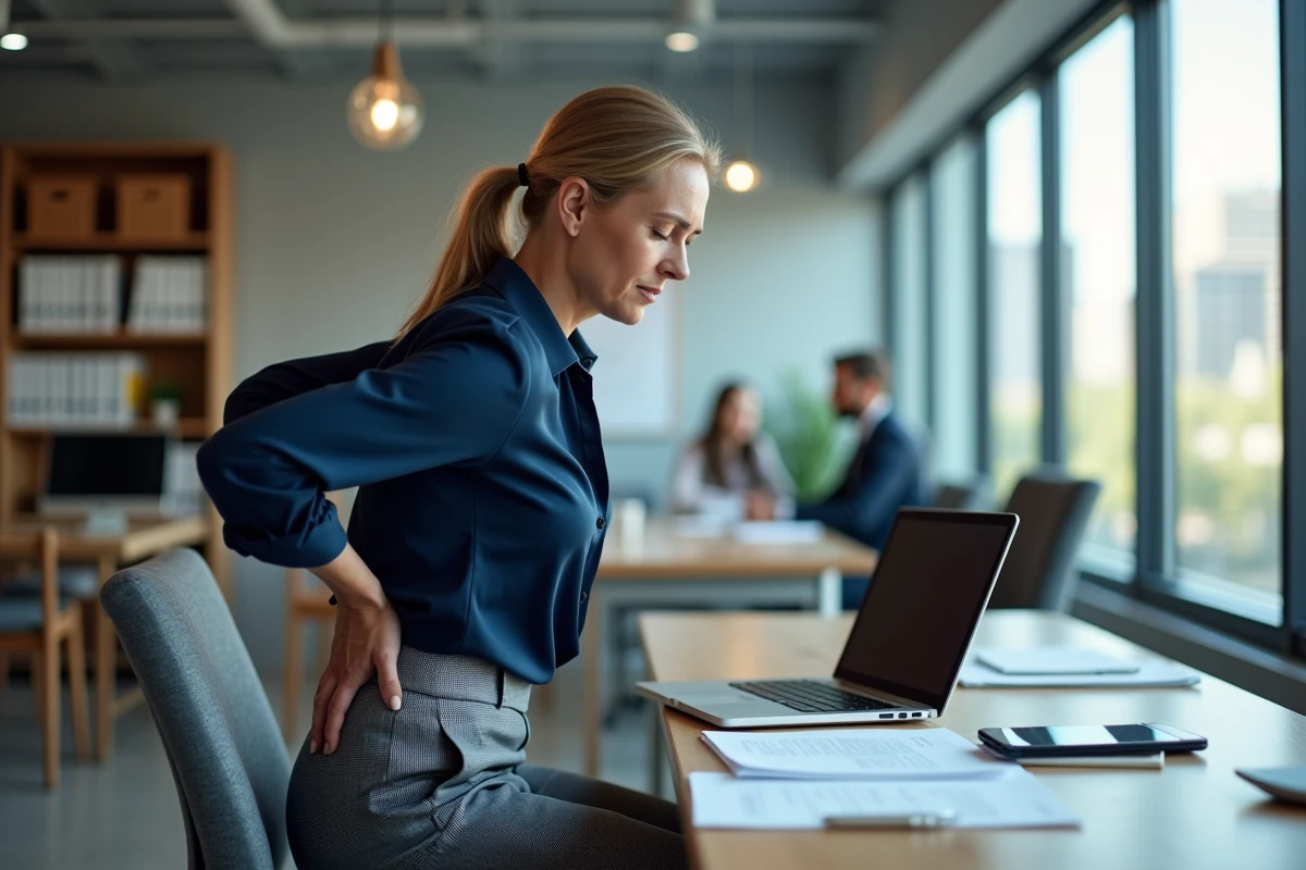 Femme active au bureau se tenant le bas du dos, illustrant la douleur sacrale liée à la sédentarité et à la posture assise prolongée