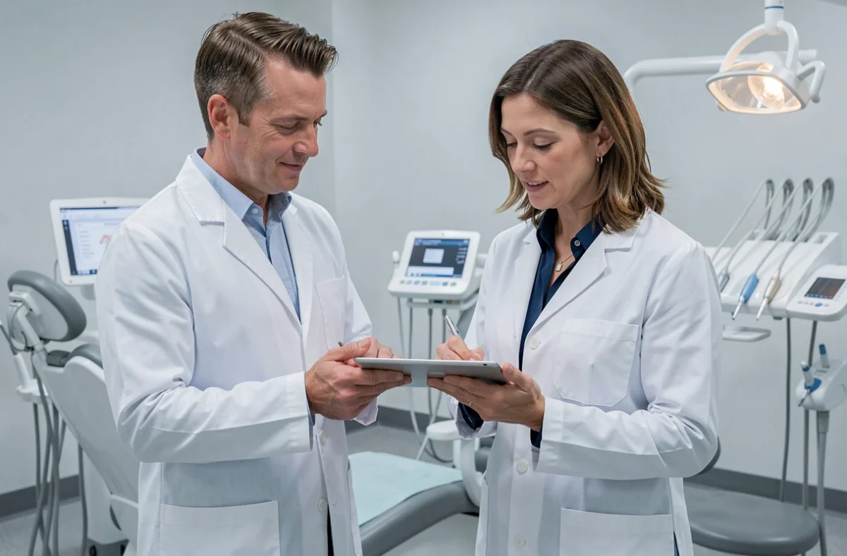 Les Drs Laffond et Marcelis Laffond, dentistes associés, consultant un plan de traitement ensemble