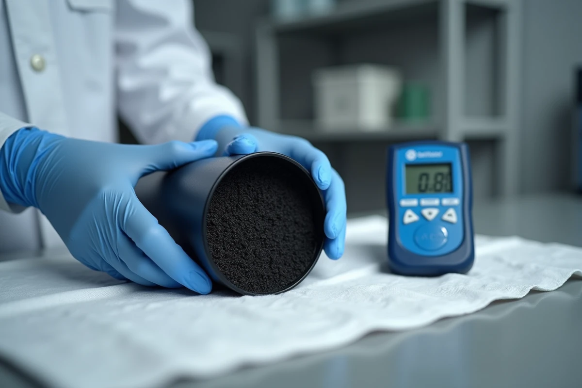 Gros plan sur un élément filtrant en carbone noir du Berkey tenu par des mains gantées avec un testeur de qualité d'eau TDS