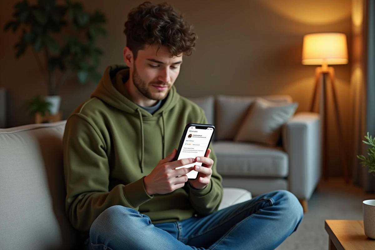 Jeune personne consultant un email de réinitialisation de mot de passe sur smartphone dans un salon