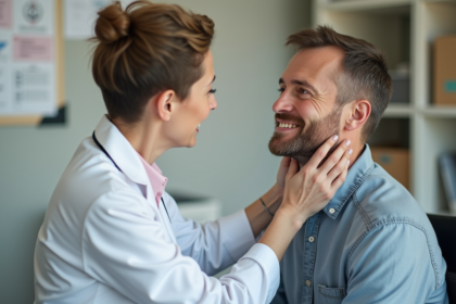 Médecin endocrinologue examinant le cou d'un patient