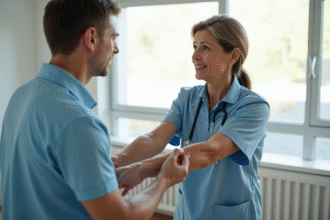 Therapeute en reeducation aidant un patient dans un centre moderne
