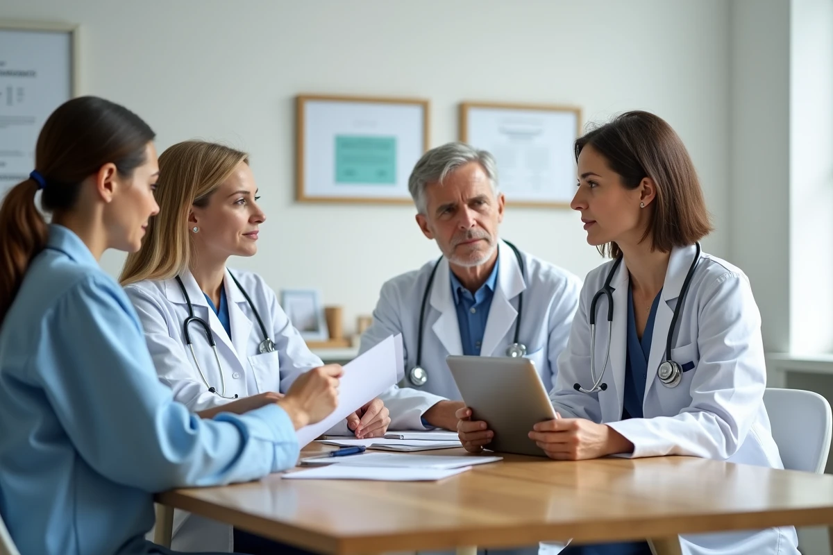 Groupe de médecins en réunion dans un cabinet moderne