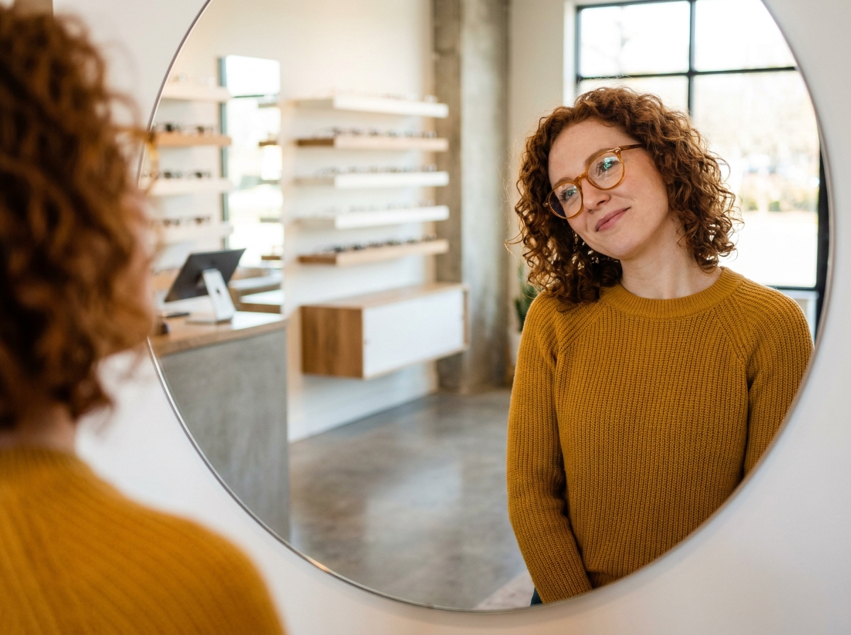 Jeune femme essayant des lunettes chez un opticien dans une boutique optique moderne et lumineuse