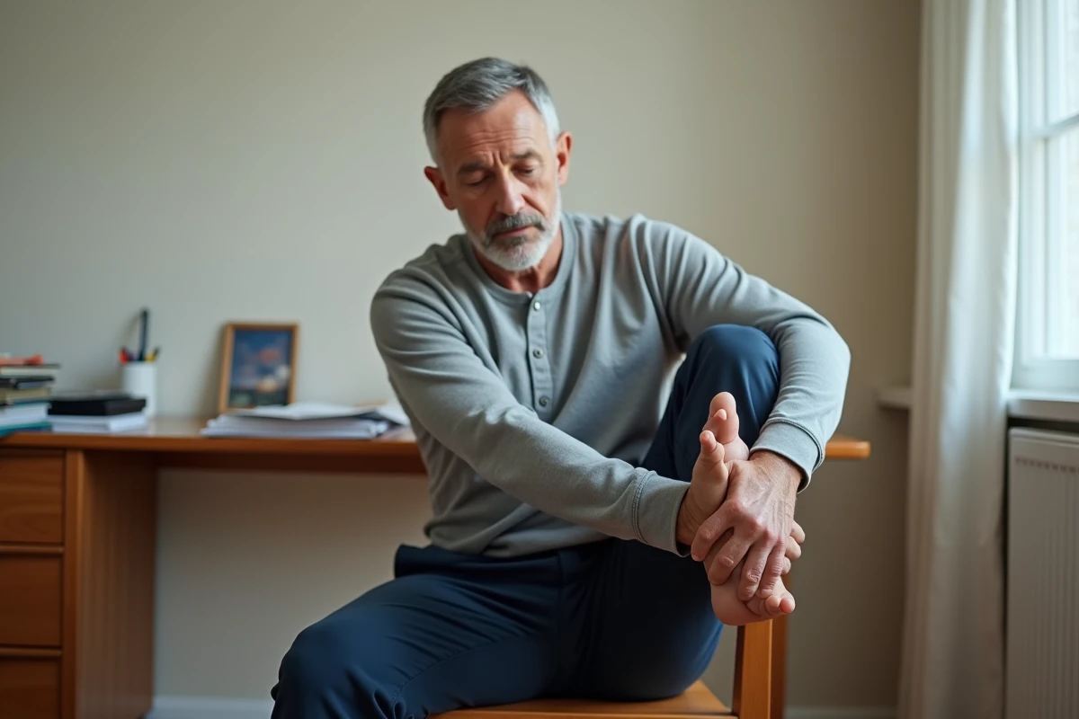 Homme assis sur une chaise réalisant un étirement figure-4 pour calmer rapidement une douleur sciatique