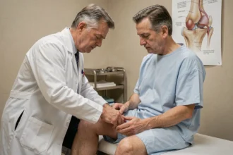 Médecin examinant l'arrière du genou d'un patient pour diagnostiquer un kyste poplité en consultation orthopédique