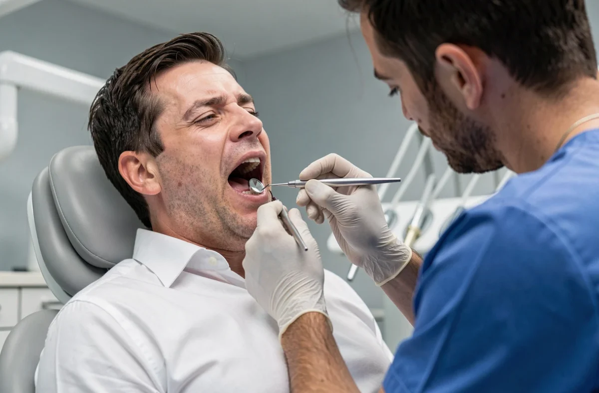 Dentiste examinant la dent douloureuse d'un patient homme assis dans le fauteuil dentaire