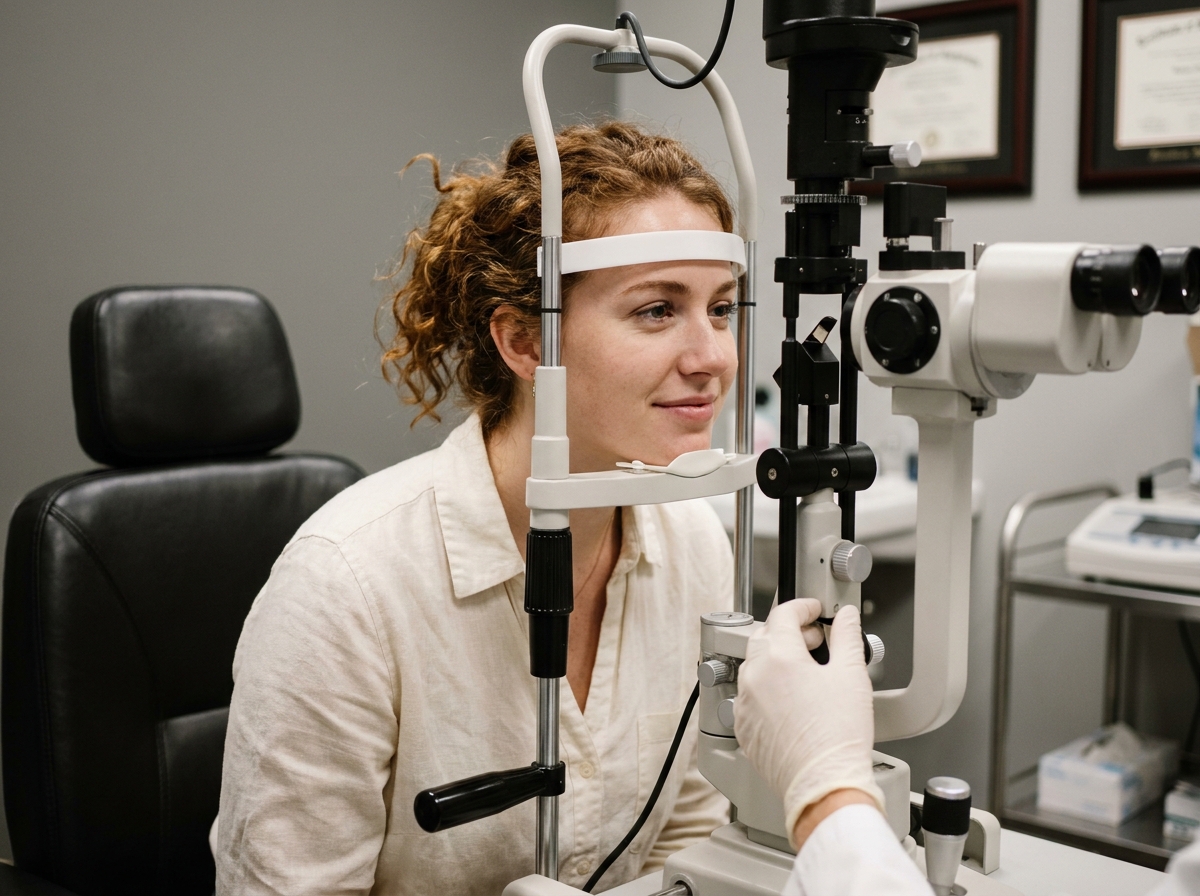 Jeune femme lors d'un examen ophtalmologique assis devant une lampe à fente chez l'opticien