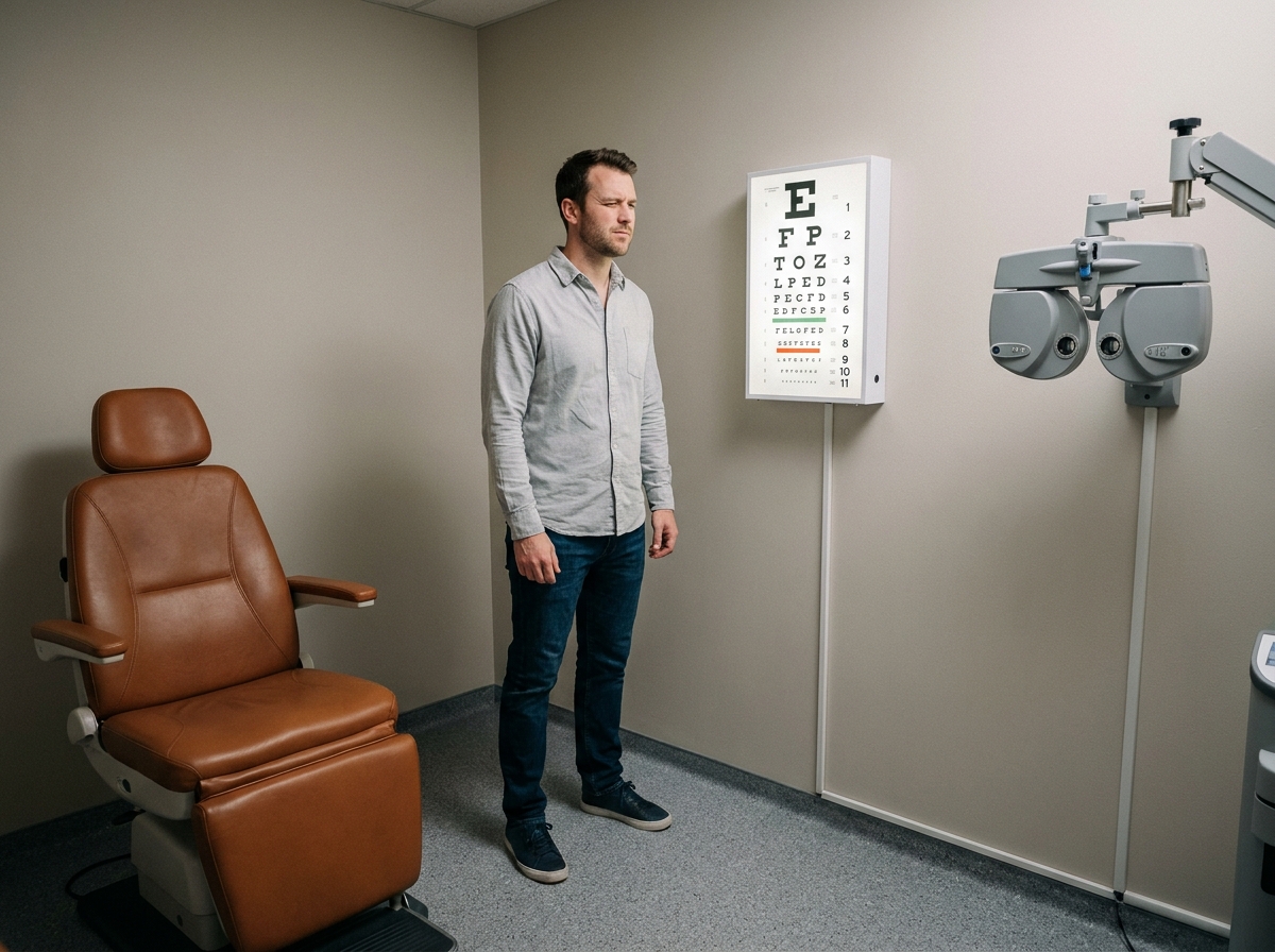 Homme lisant un tableau optométrique lors d'un examen de vue dans un cabinet d'opticien moderne