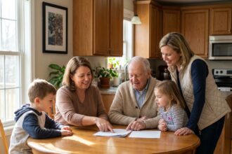 Famille multigeneration réunie autour d'une table de cuisine