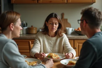 Femme allergique aux oignons ignorée à table par son entourage incrédule lors d'un repas en famille