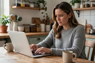 Femme lisant des avis clients sur un ordinateur portable à la cuisine, expression critique et réfléchie, illustrant l'analyse d'avis Nuclever Cortisol