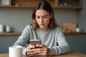 Femme consultant les avis de l'application Better Me sur son smartphone à la maison