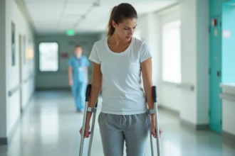 Femme utilisant une béquille dans un couloir d'hôpital après une entorse ou fracture