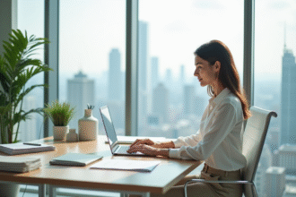 Femme au bureau travaillant sur son ordinateur portable