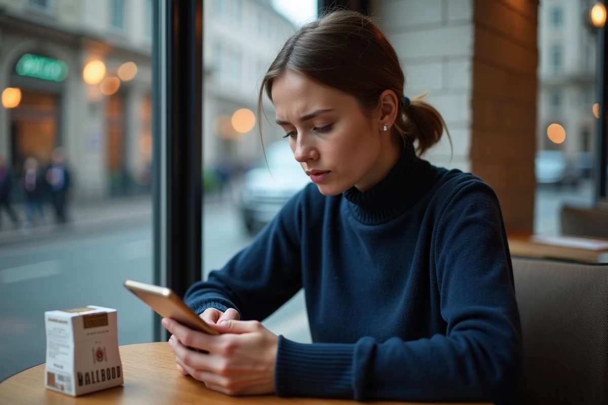 Une jeune femme dans un café allemand consulte son téléphone à côté d'un paquet de Marlboro en réfléchissant aux prix