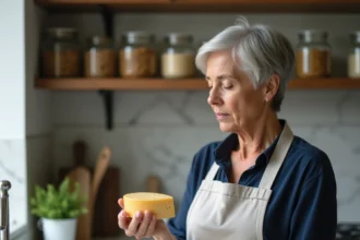 Femme mature inspectant un morceau de comté dans une cuisine moderne, illustrant le choix de fromage pour diabétique