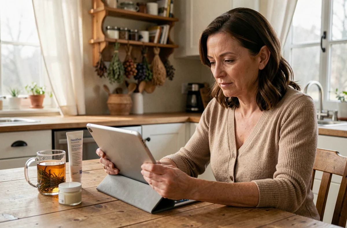 Femme comparant une crème médicale et un traitement naturel pour démangeaison intime à la maison