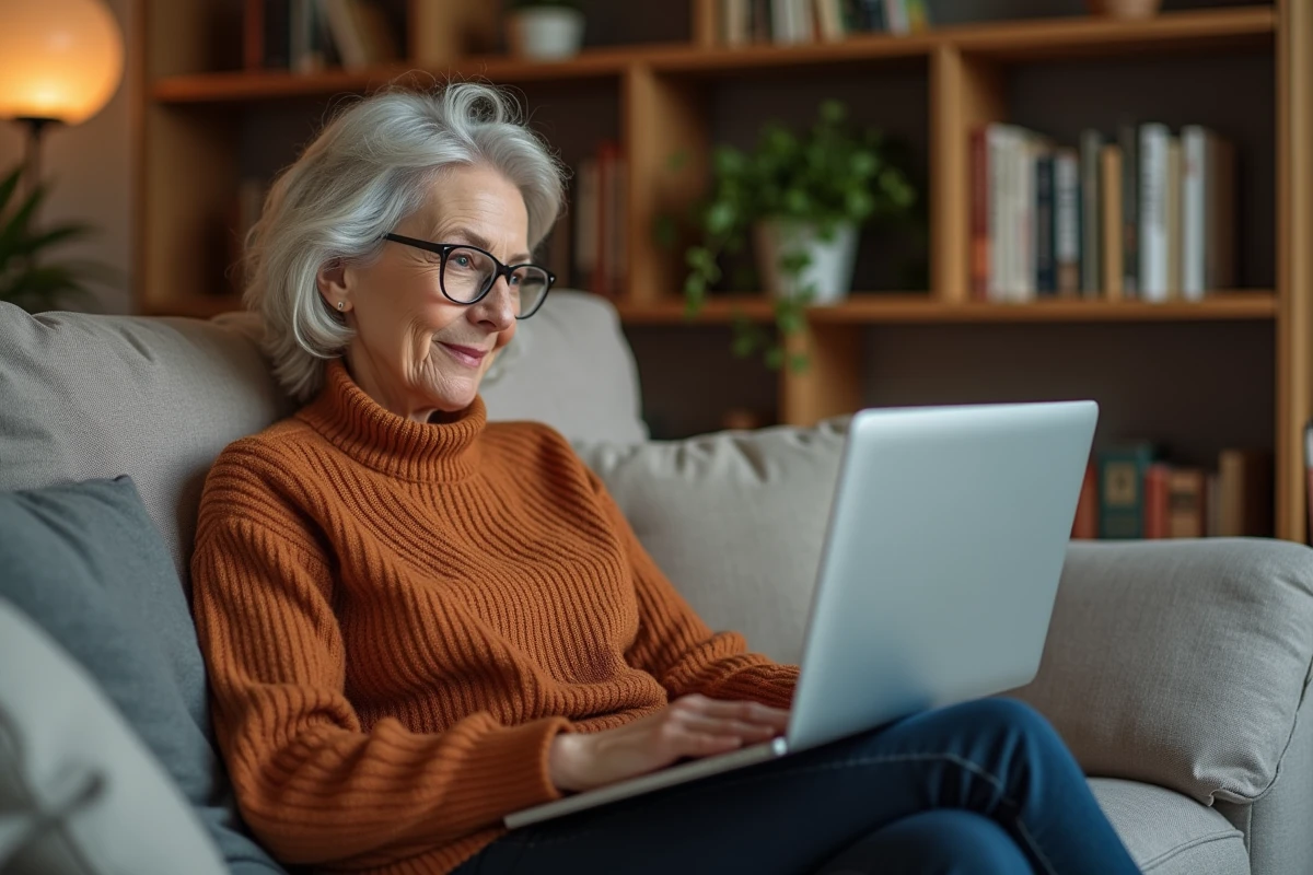 Femme consultant les tarifs d'un programme de régime en ligne depuis son canapé