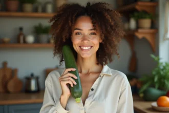 Femme souriante avec courgette dans une cuisine chaleureuse