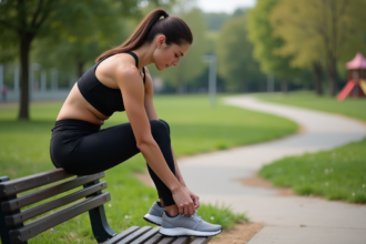 Femme en tenue de sport se préparant à courir dans un parc urbain