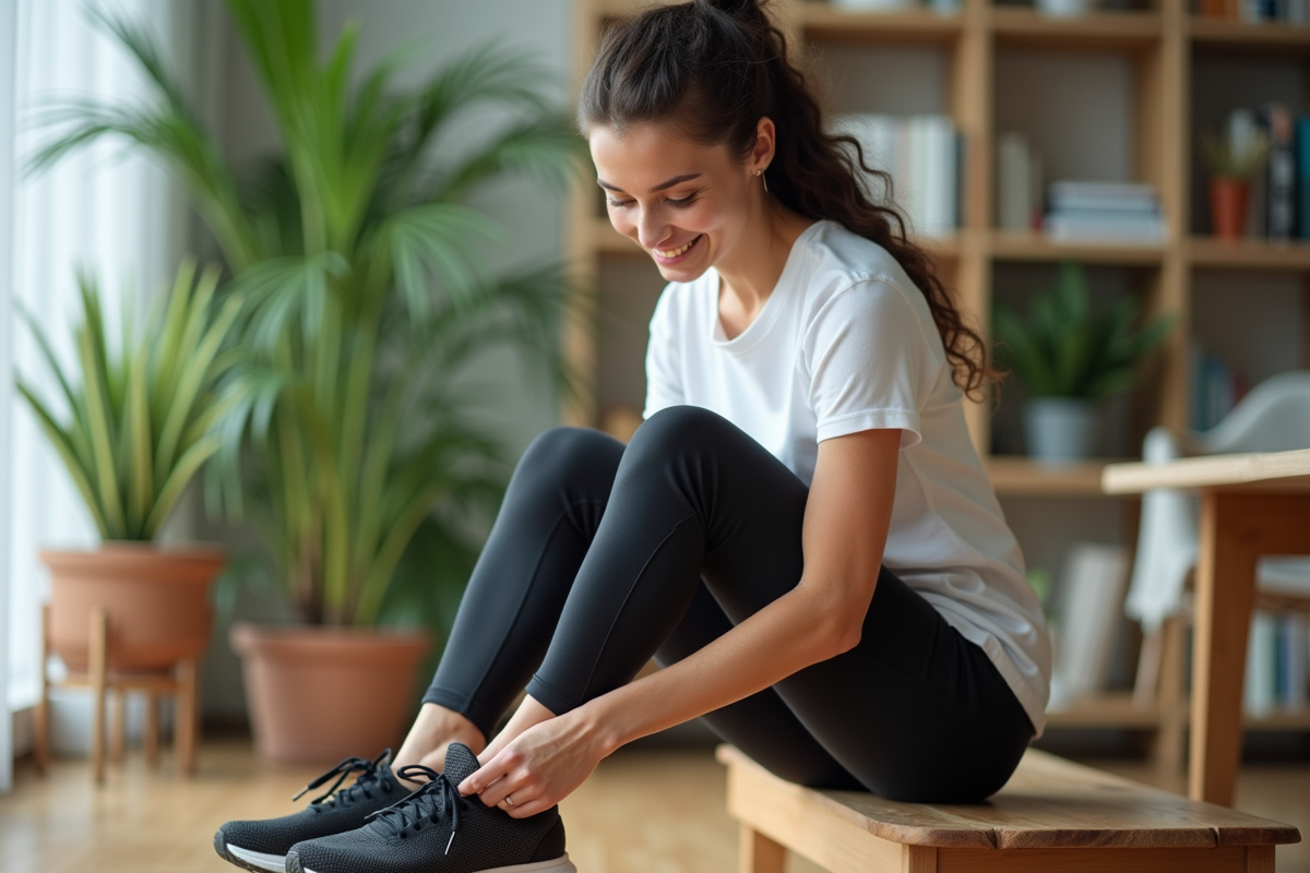 Femme sportive en train de lacer ses chaussures de course