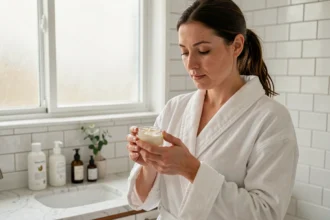 Femme tenant une crème naturelle apaisante dans une salle de bain moderne et épurée