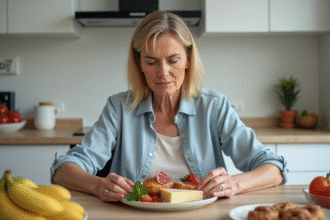 Femme d'âge moyen examine un plat de charcuterie et fromages