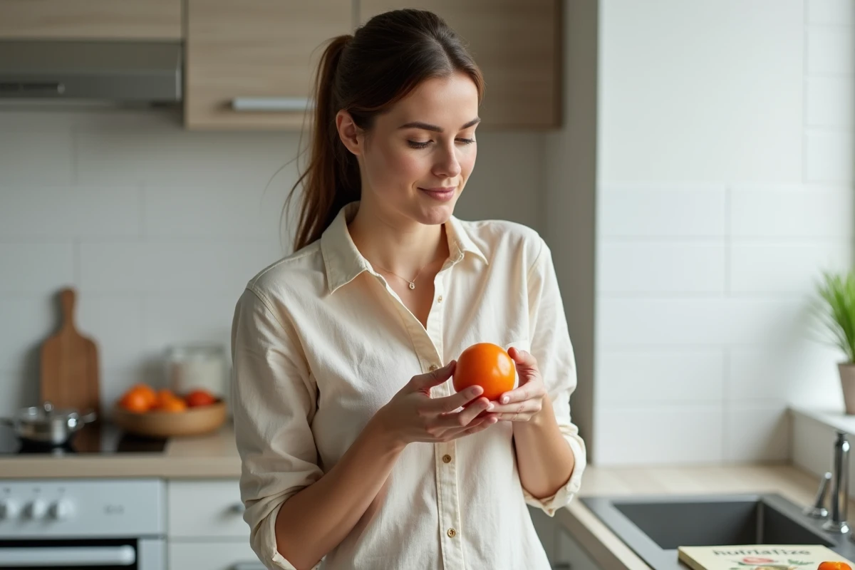 Femme tenant un kaki dans une cuisine moderne avec des tranches du fruit et un livre de nutrition, évoquant la découverte des bienfaits du kaki