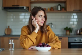 Femme d'âge moyen dans une cuisine moderne avec pruneaux