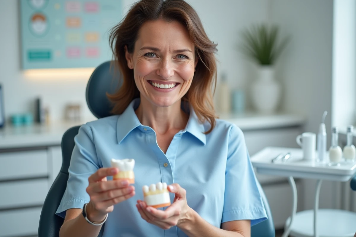 Femme souriante examinant une prothese dentaire en clinique