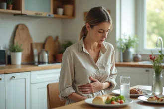 Femme assise à table après un repas tenant son ventre, illustrant les troubles digestifs et les gaz après manger