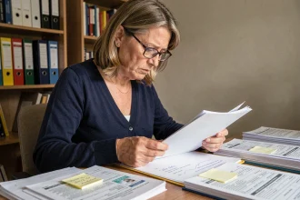 Femme examinant un dossier CDAPH avec des formulaires administratifs annotés sur un bureau