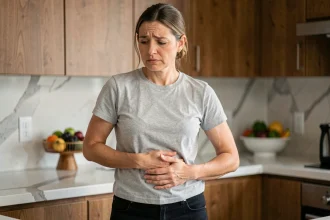 Femme tenant son côté droit du ventre avec une expression préoccupée dans une cuisine moderne