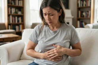 Femme tenant son côté droit sous les côtes en raison de douleurs digestives et ballonnements, assise dans un salon