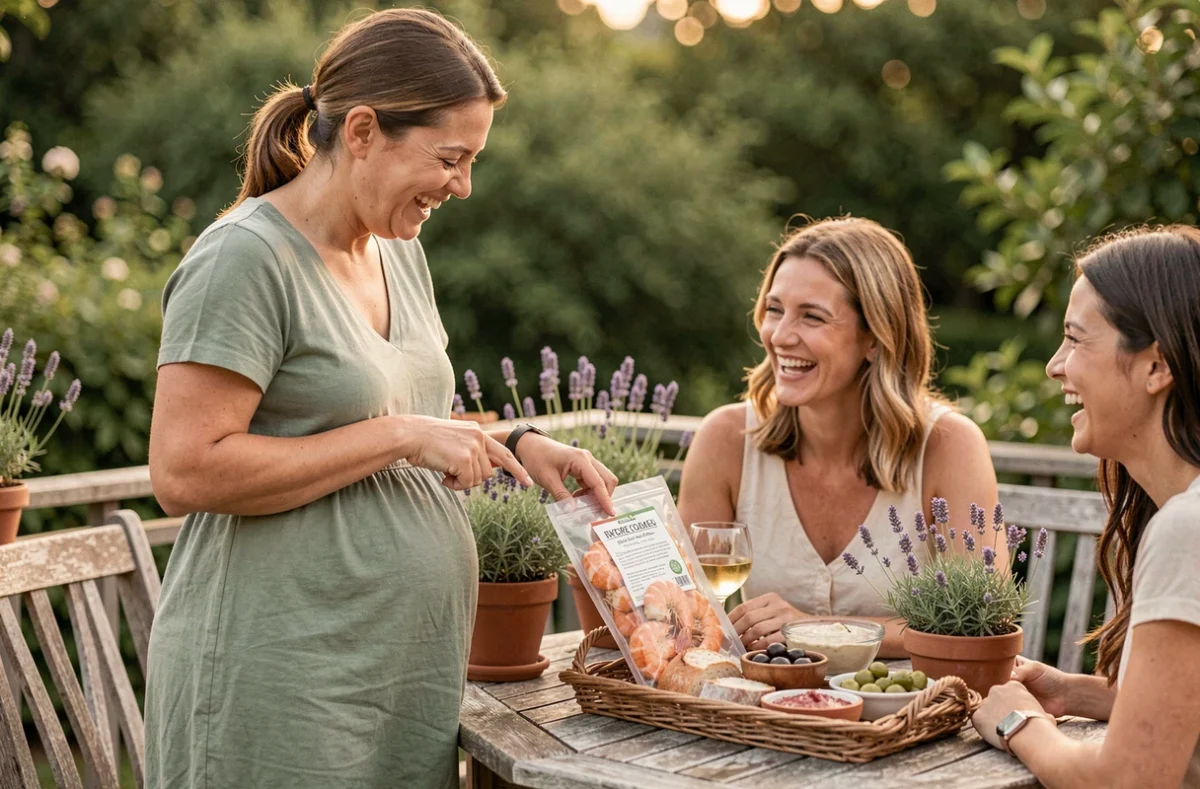 Femme enceinte riant avec des amis lors d'un apéro en terrasse, en vérifiant l'étiquette d'un paquet de crevettes roses cuites